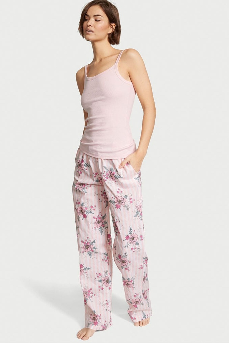 Purest Pink Floral Stripe Victoria\'s Secret Cotton Long Pyjamas | 9756TCJGP