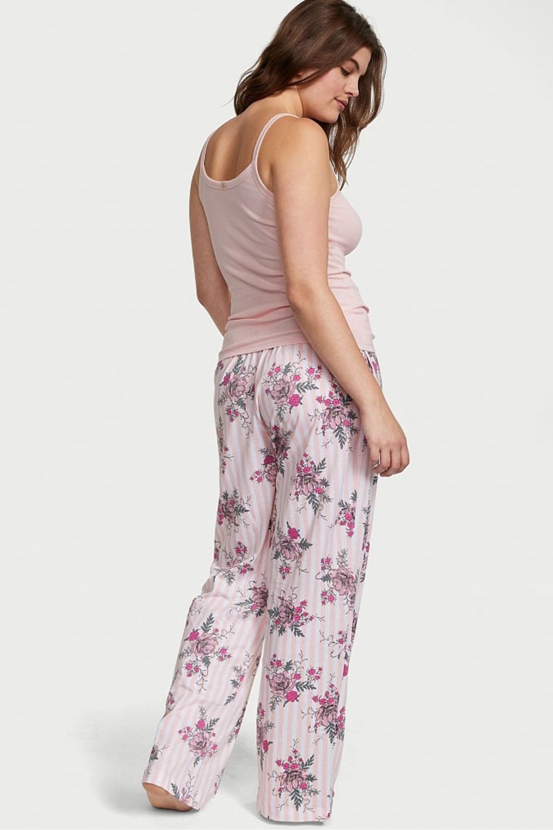 Purest Pink Floral Stripe Victoria's Secret Knit Long Pyjamas | 2498KTZPR