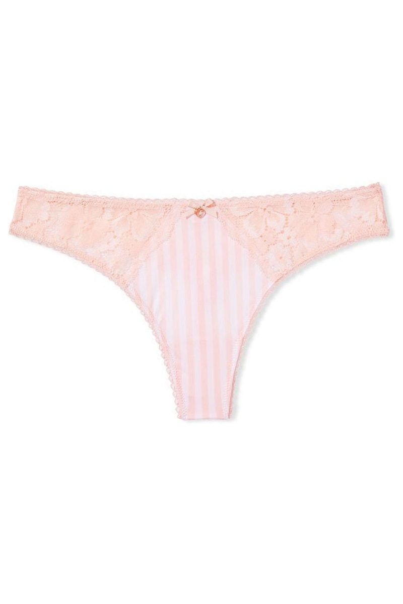 Purest Pink Stripe Victoria's Secret Body by Victoria Smooth Lace Thong Panty | 4657QZAWO