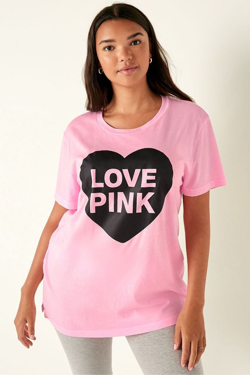 Rich Maroon Pink Graphic Victoria\'s Secret Cotton Short Sleeve Campus T-Shirt | 1603IRZQJ