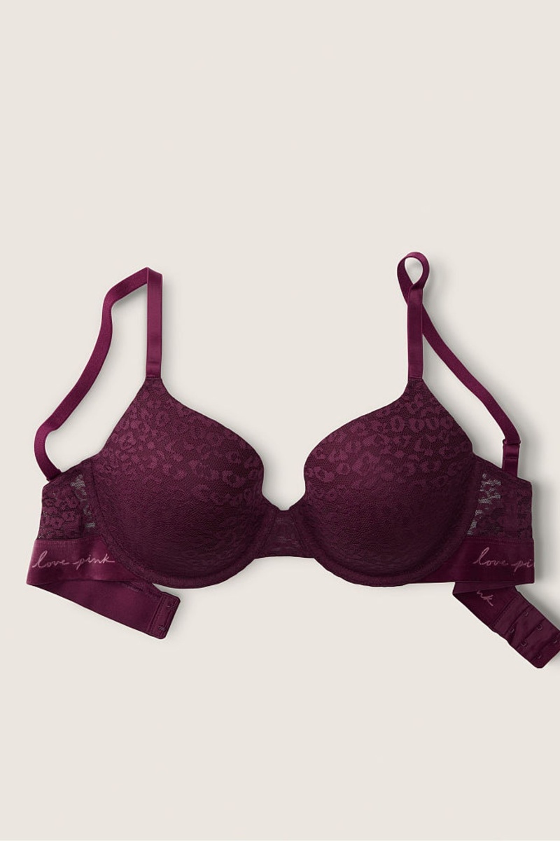 Rich Maroon Purple Victoria's Secret Wear Everywhere Lace Lightly Lined T-Shirt Bra | 7865QDNHV