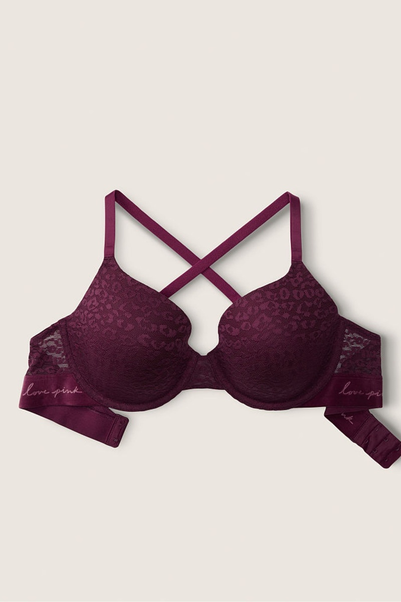 Rich Maroon Purple Victoria's Secret Wear Everywhere Lace Lightly Lined T-Shirt Bra | 7865QDNHV