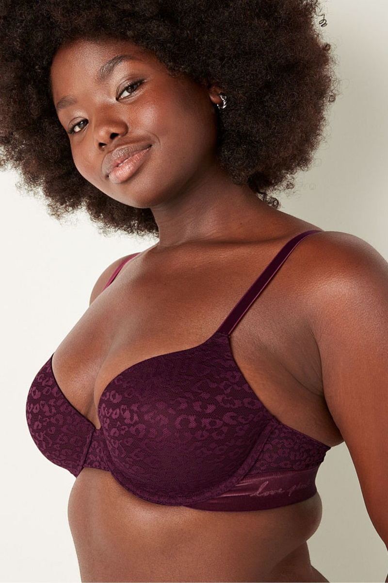 Rich Maroon Purple Victoria\'s Secret Wear Everywhere Lace Lightly Lined T-Shirt Bra | 7865QDNHV