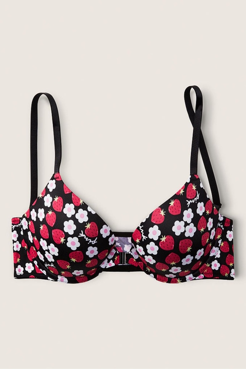 Strawberry Floral Black Victoria\'s Secret Wear Everywhere Front Fastening Push Up T-Shirt Bra | 8067GNJCW