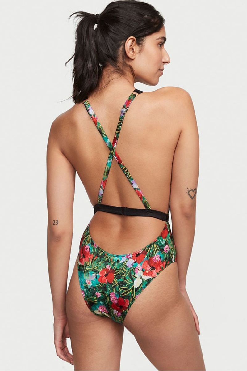 Tropical Floral Black Victoria's Secret Shine Strap Plunge One Piece Swimsuit | 9210UGAEH