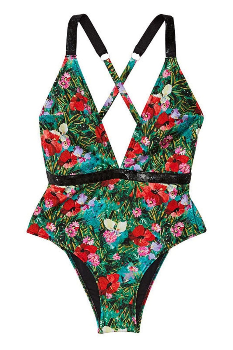 Tropical Floral Black Victoria's Secret Shine Strap Plunge One Piece Swimsuit | 9210UGAEH