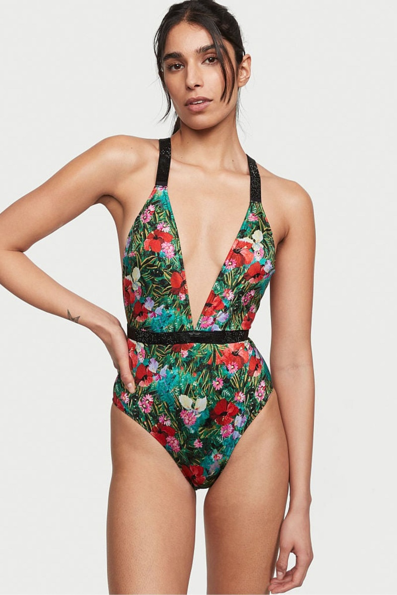 Tropical Floral Black Victoria\'s Secret Shine Strap Plunge One Piece Swimsuit | 9210UGAEH