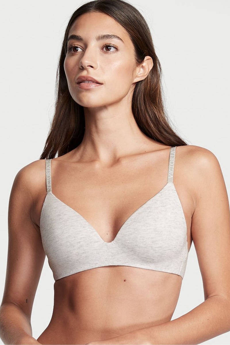 VS Snow Heather Grey Victoria\'s Secret The T-Shirt Smooth Logo Strap Lightly Lined Non Wired T-Shirt Bra | 8019LCAVZ