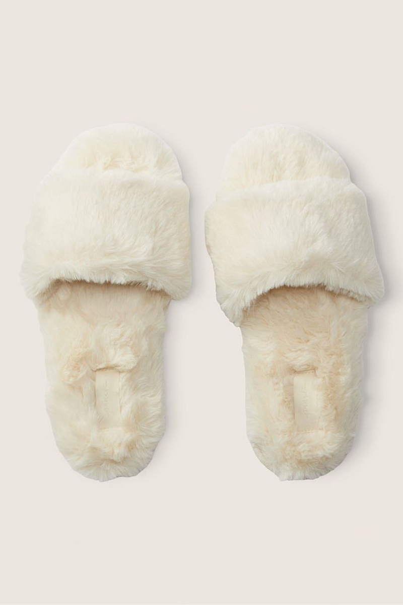 Vanilla Bean White Victoria's Secret Faux Fur Open Toe Slipper | 8439UKCNE