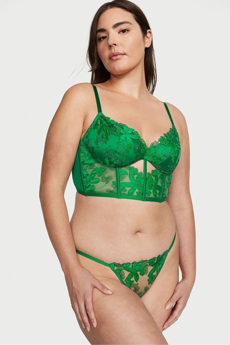 Verdant Green Victoria's Secret Very Sexy Embroidered Crotchless Brazilian Knickers | 0897ODPFA