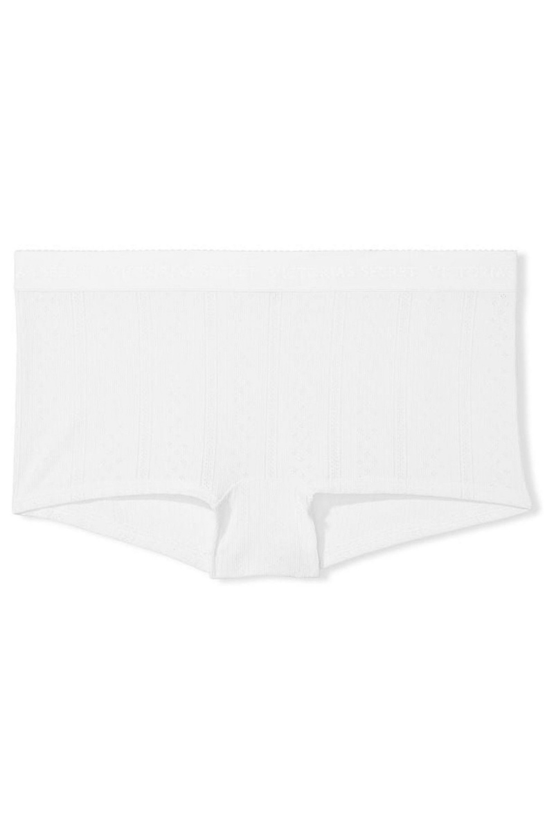 White Victoria's Secret Stretch Cotton Logo Waist Pointelle Short Knickers | 3615WPTKH